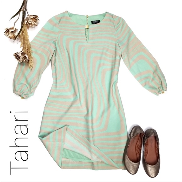 Tahari Mint Green Tan Striped Swirl Lined Dress - Picture 1 of 8
